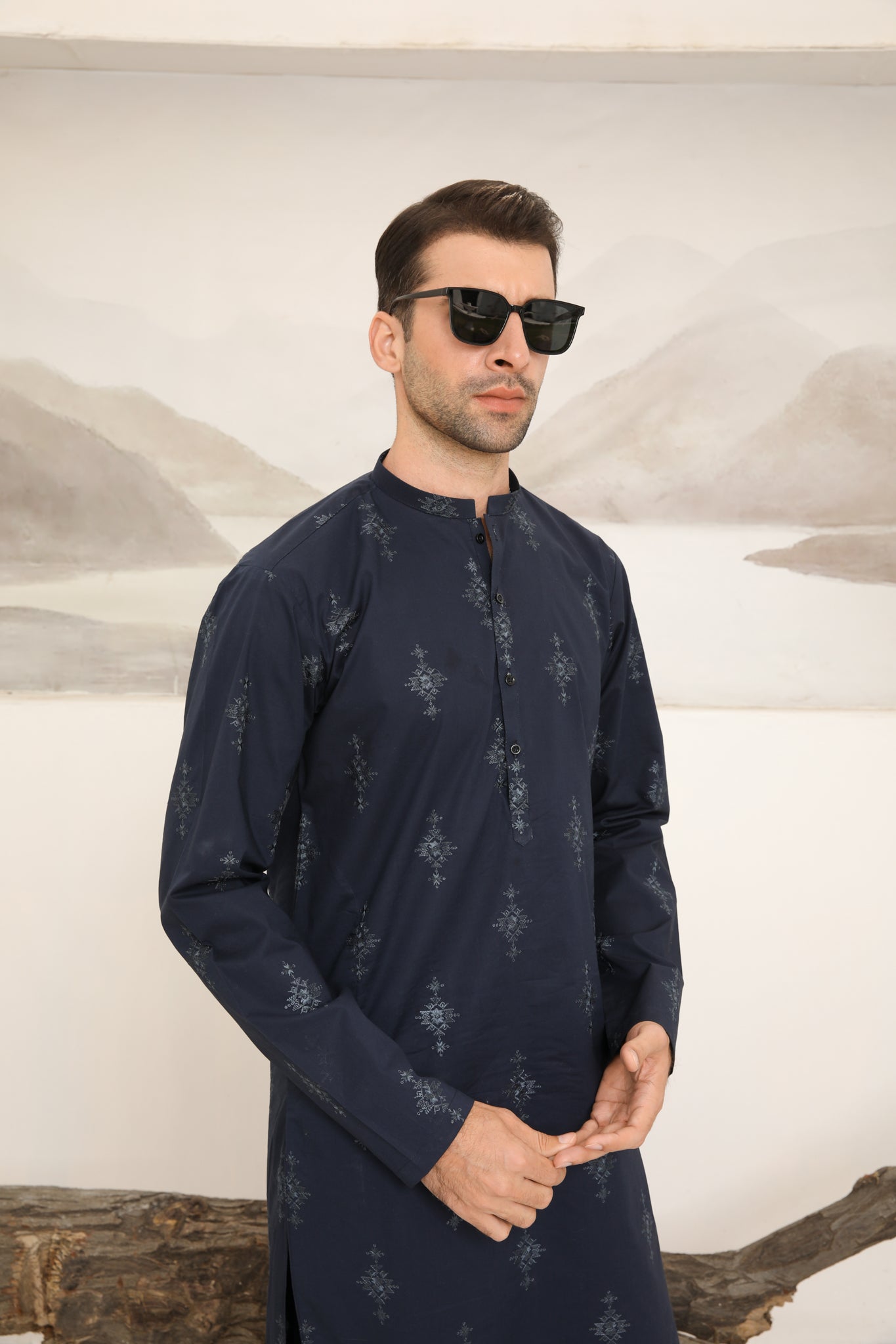 Navy Blue Cotton Embroidered Kurta Trouser - Men