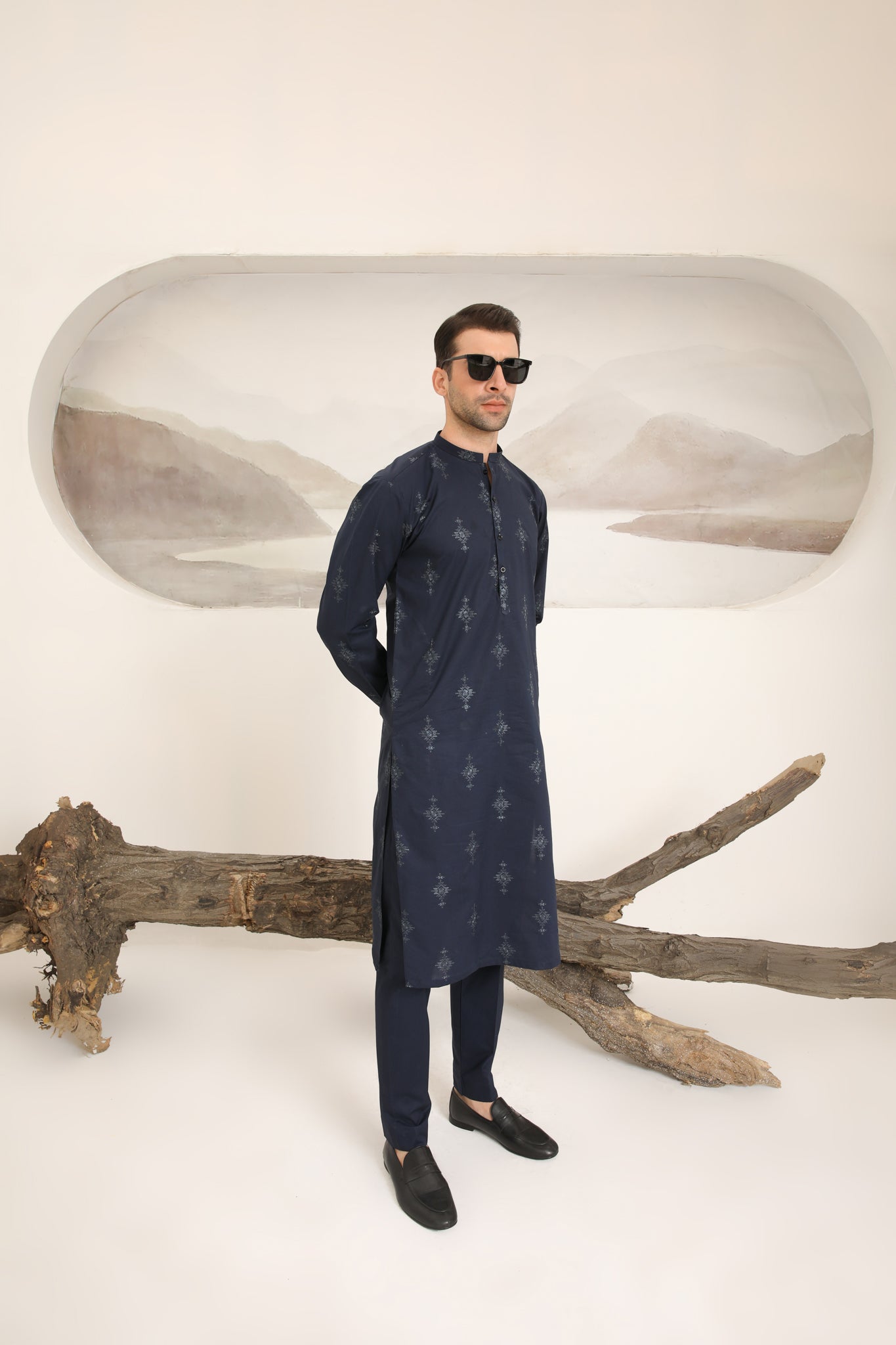 Navy Blue Cotton Embroidered Kurta Trouser - Men