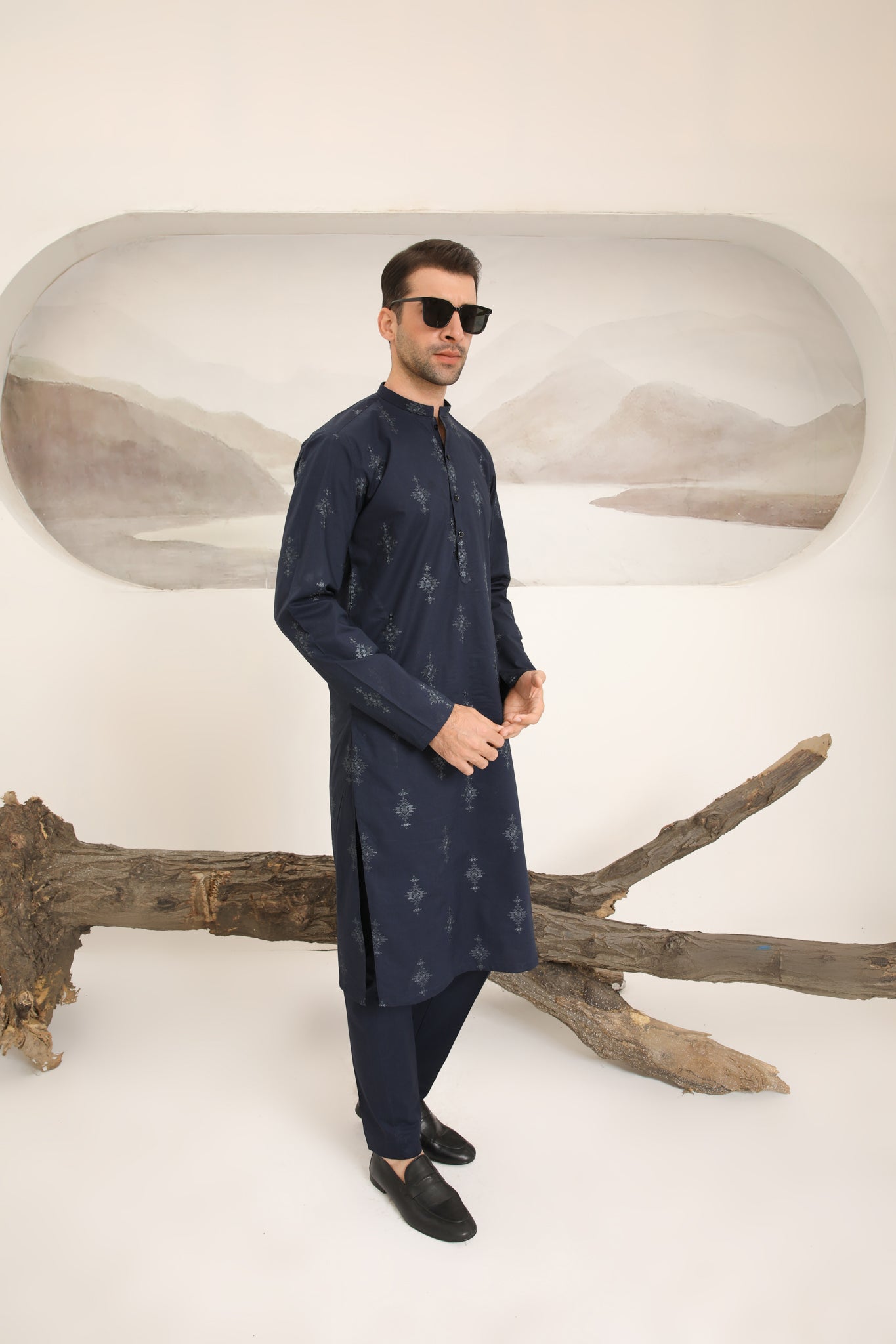 Navy Blue Cotton Embroidered Kurta Trouser - Men
