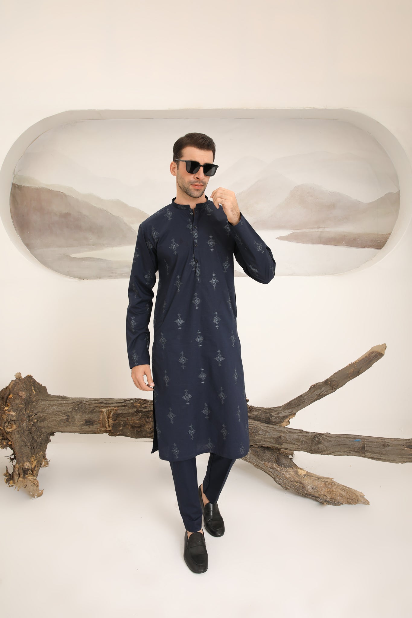 Navy Blue Cotton Embroidered Kurta Trouser - Men