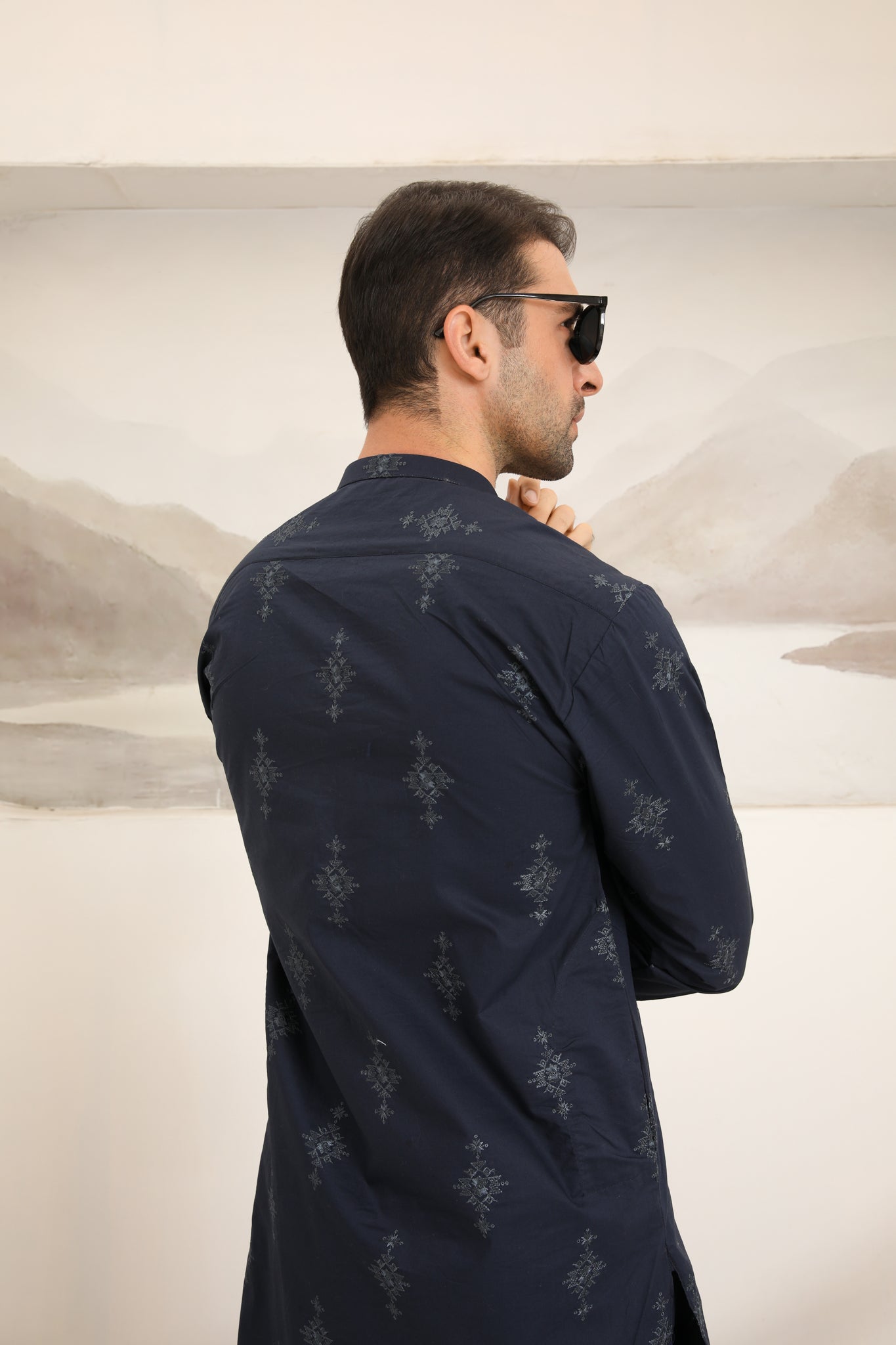 Navy Blue Cotton Embroidered Kurta Trouser - Men