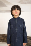 A child wearing a navy blue cotton embroidered kurta trouser