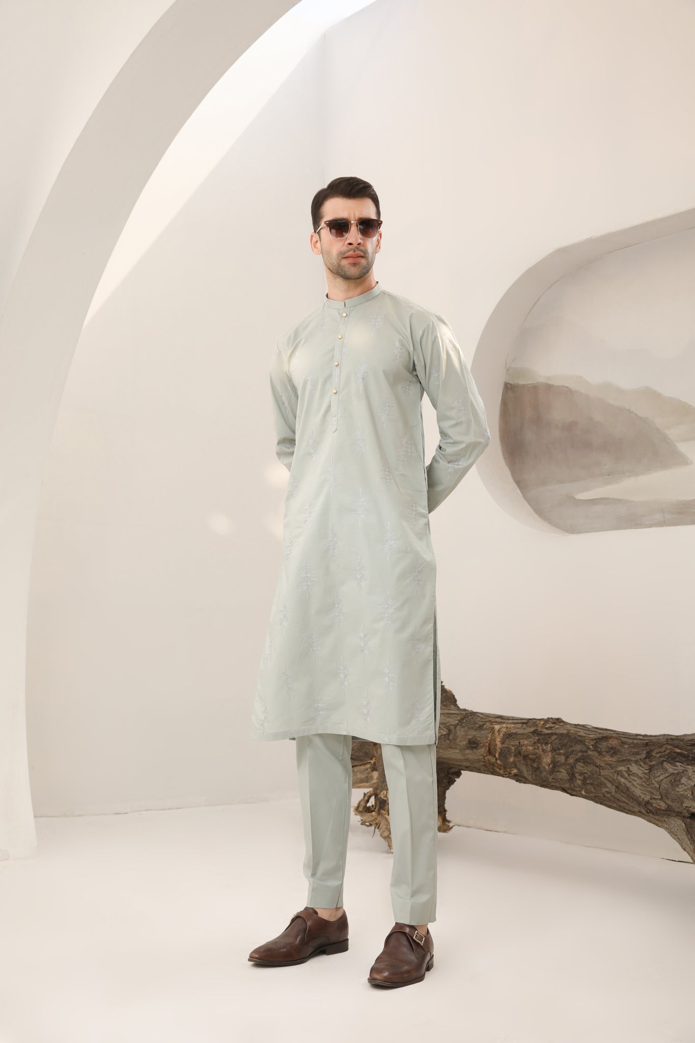 Light Mint Cotton Embroidered Kurta Trouser - Men