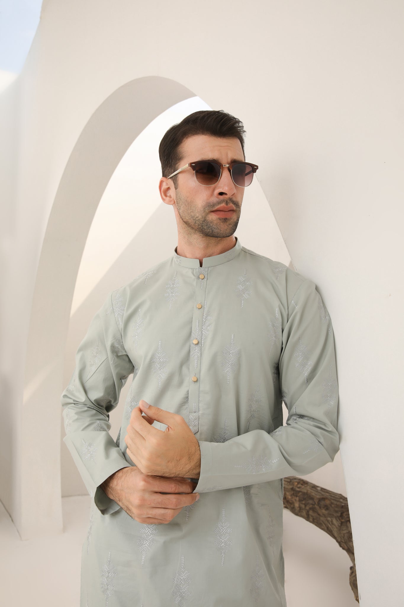 Light Mint Cotton Embroidered Kurta Trouser - Men