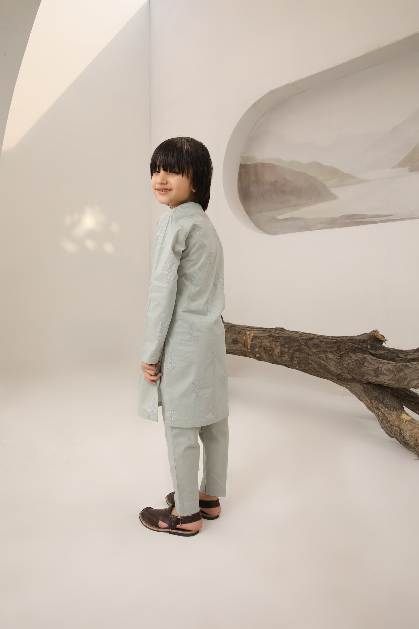 Light Mint Cotton Embroidered Kurta Trouser - Kids