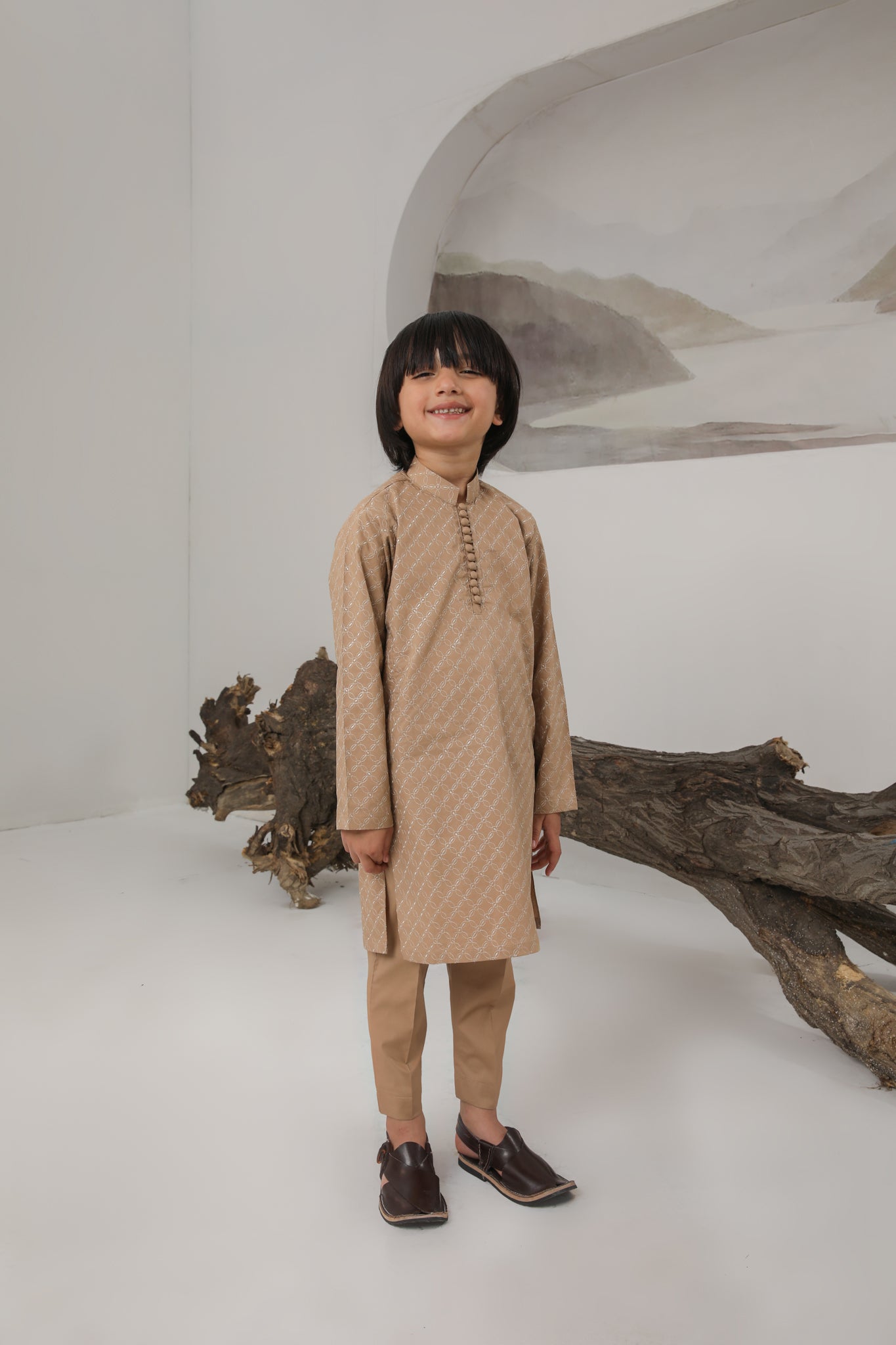 Camel Cotton Embroidered Kurta Trouser - Kids