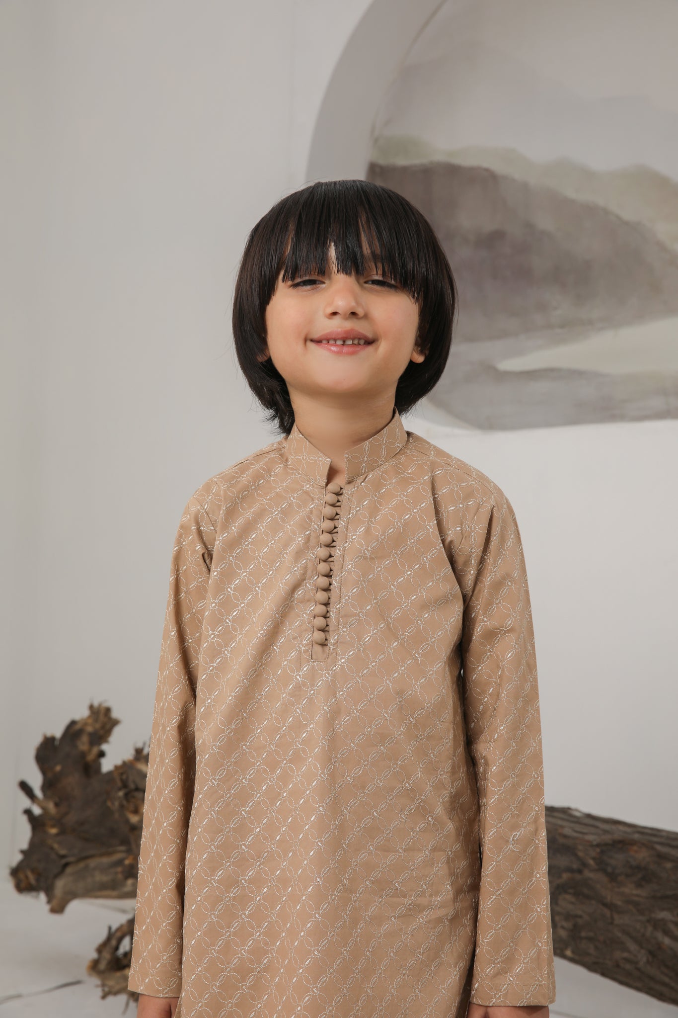 Camel Cotton Embroidered Kurta Trouser - Kids