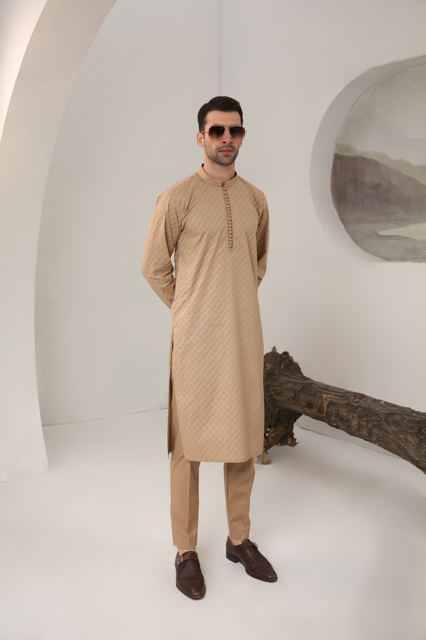 Camel Cotton Embroidered Kurta Trouser - Men