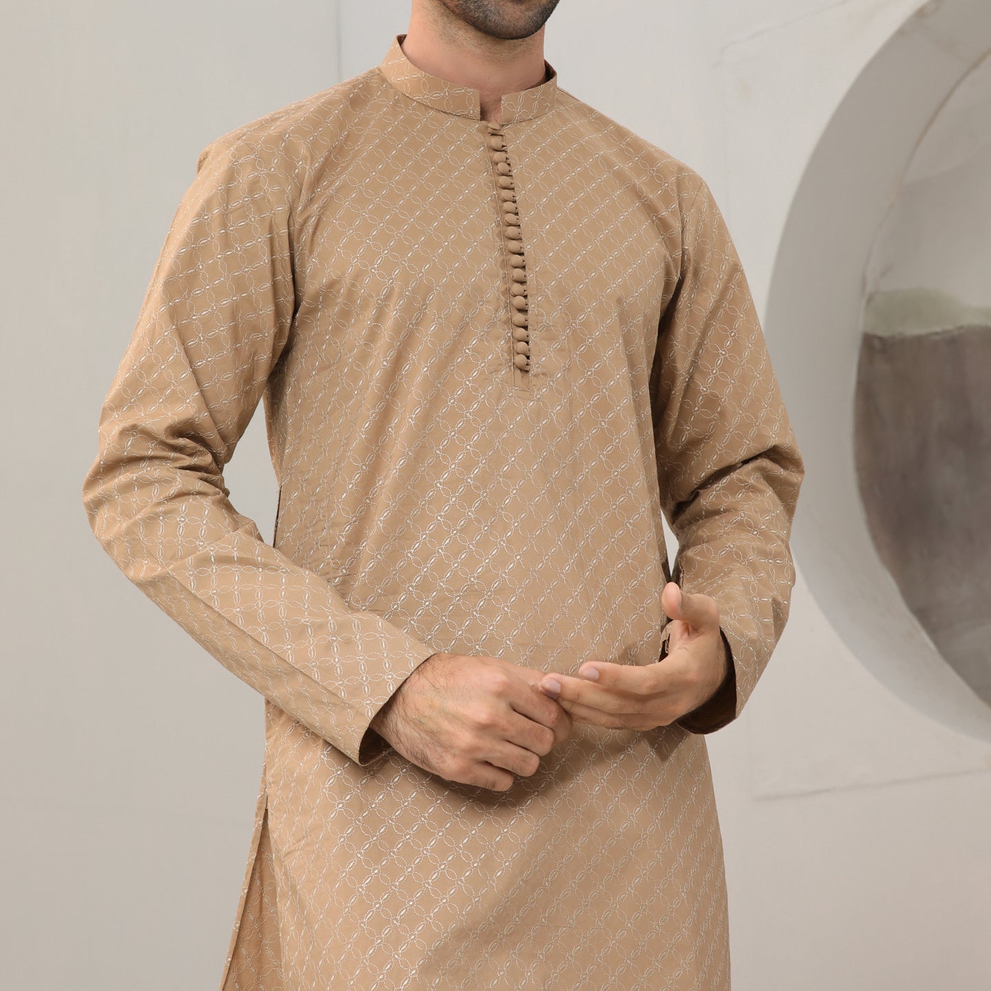 Camel Cotton Embroidered Kurta Trouser - Men