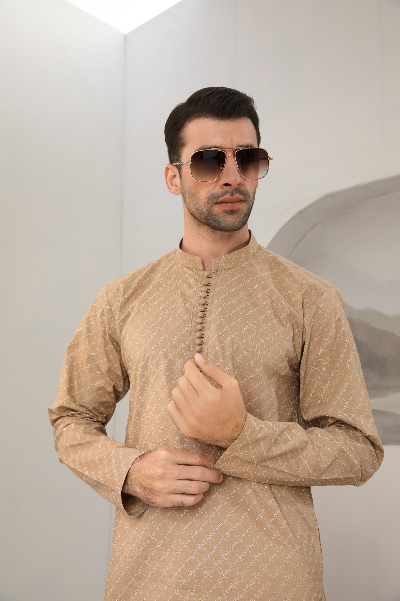 Camel Cotton Embroidered Kurta Trouser - Men