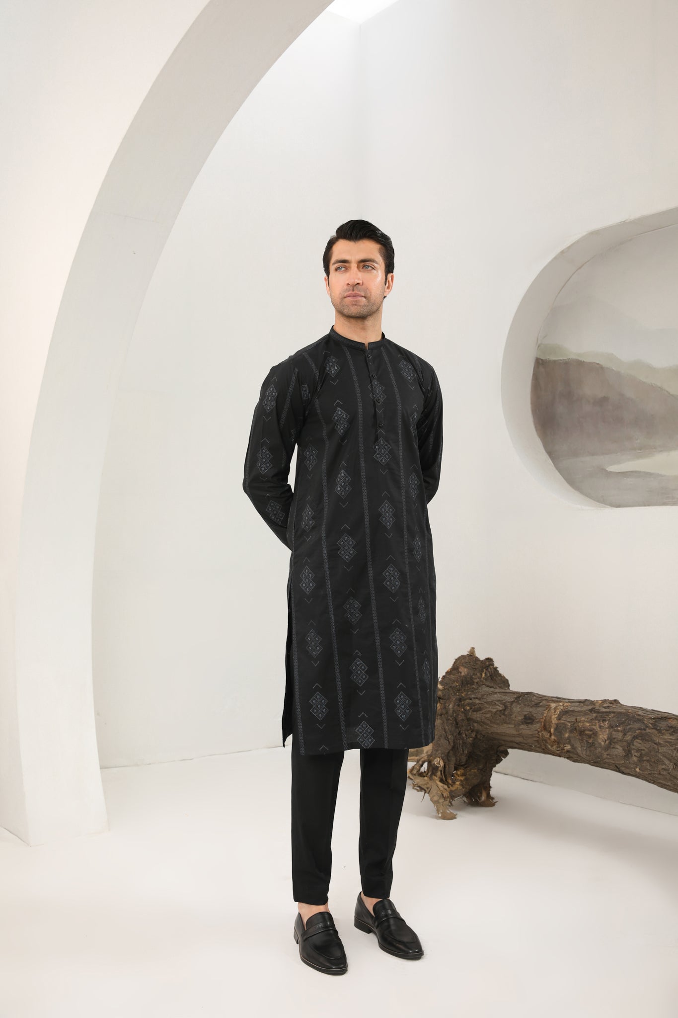 Black Motif Cotton Embroidered Kurta Trouser - Men