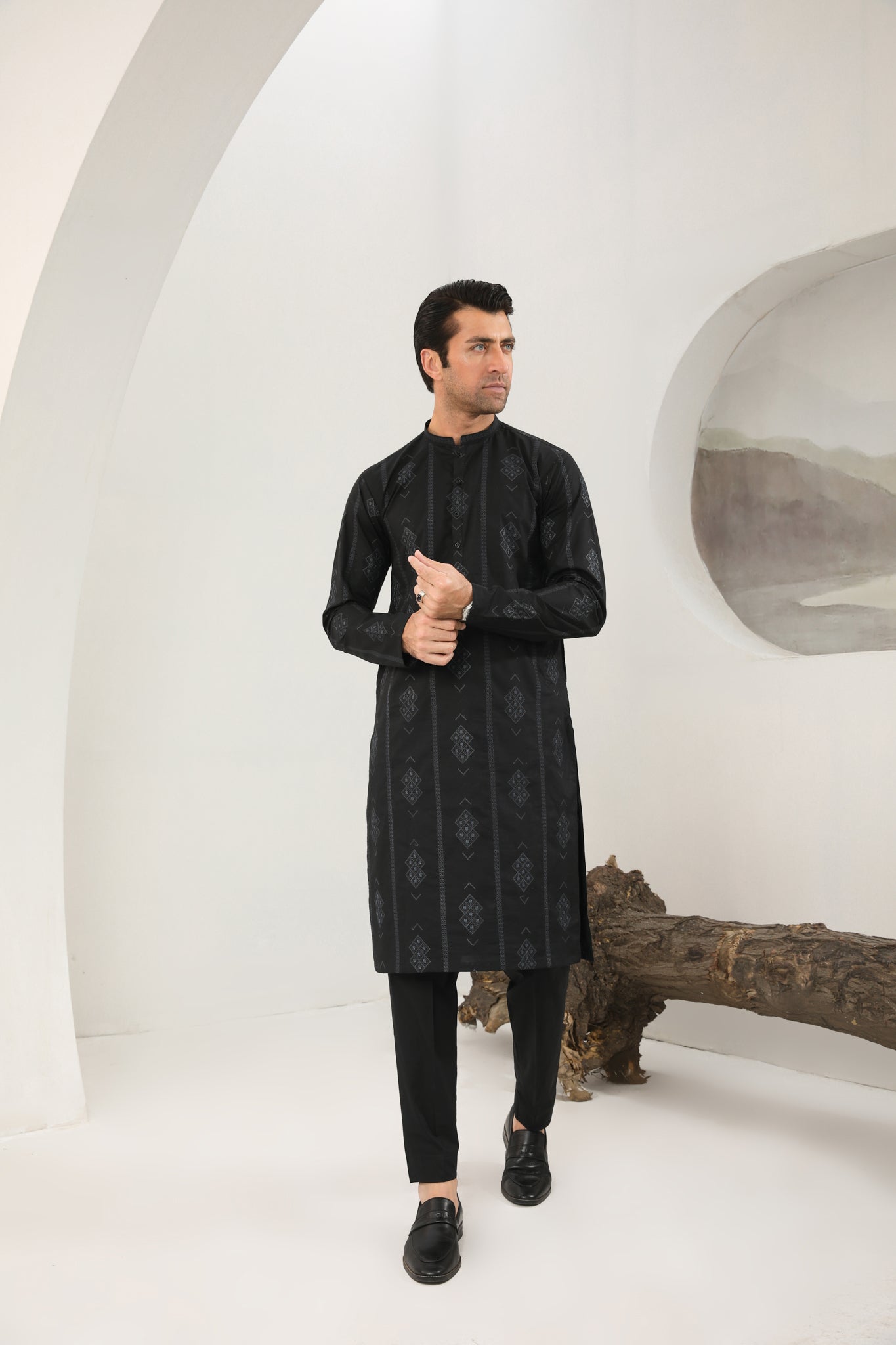 Black Motif Cotton Embroidered Kurta Trouser - Men