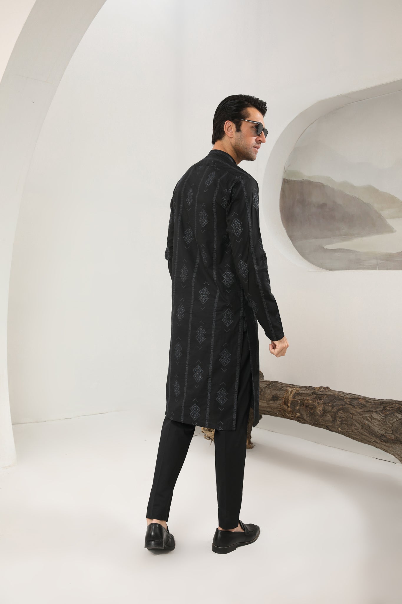 Black Motif Cotton Embroidered Kurta Trouser - Men