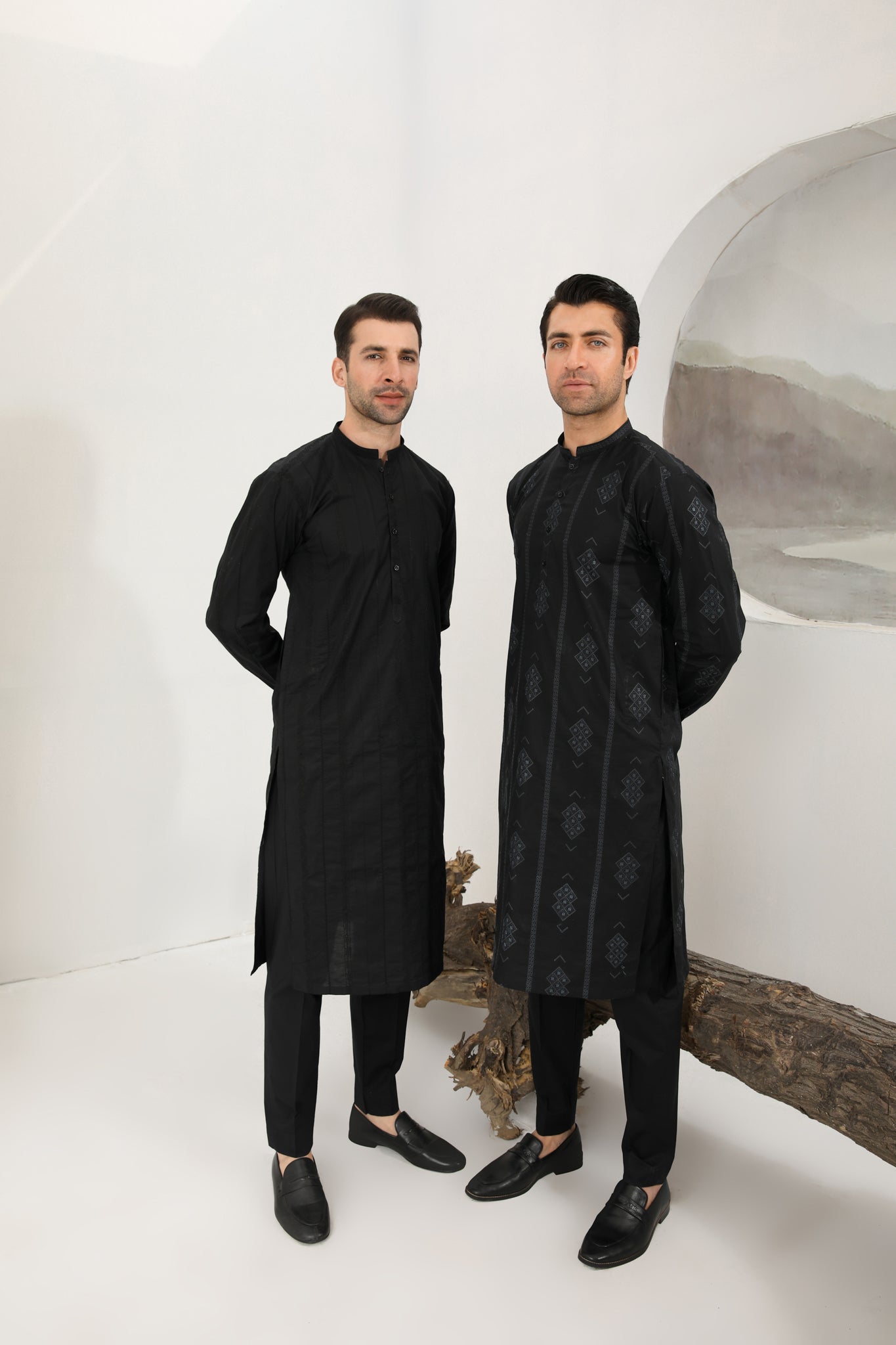 Black Motif Cotton Embroidered Kurta Trouser - Men