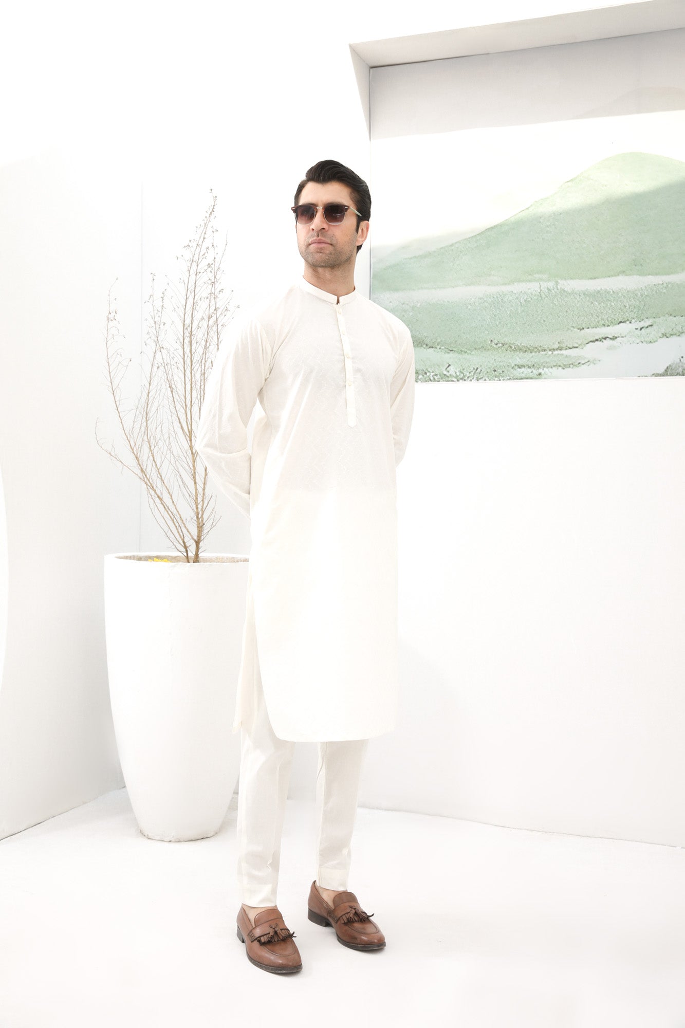 Off White Cotton Embroidered Kurta Trouser - Men