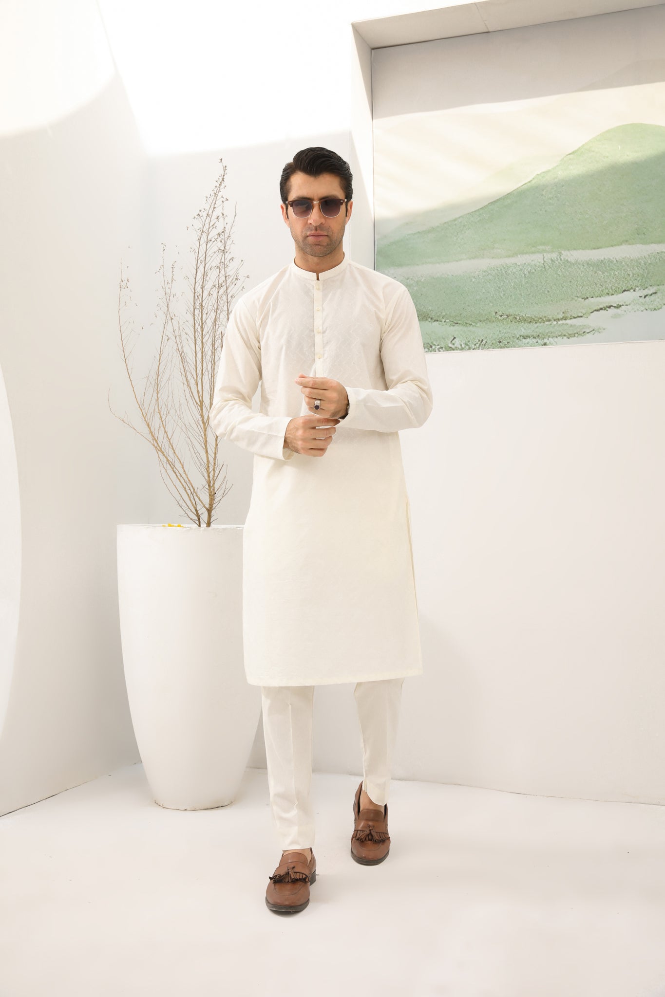 Bosky White Cotton Embroidered Kurta Trouser - Men