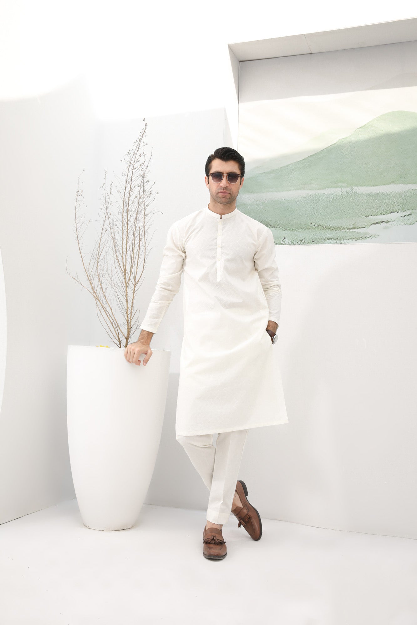 Off White Cotton Embroidered Kurta Trouser - Men