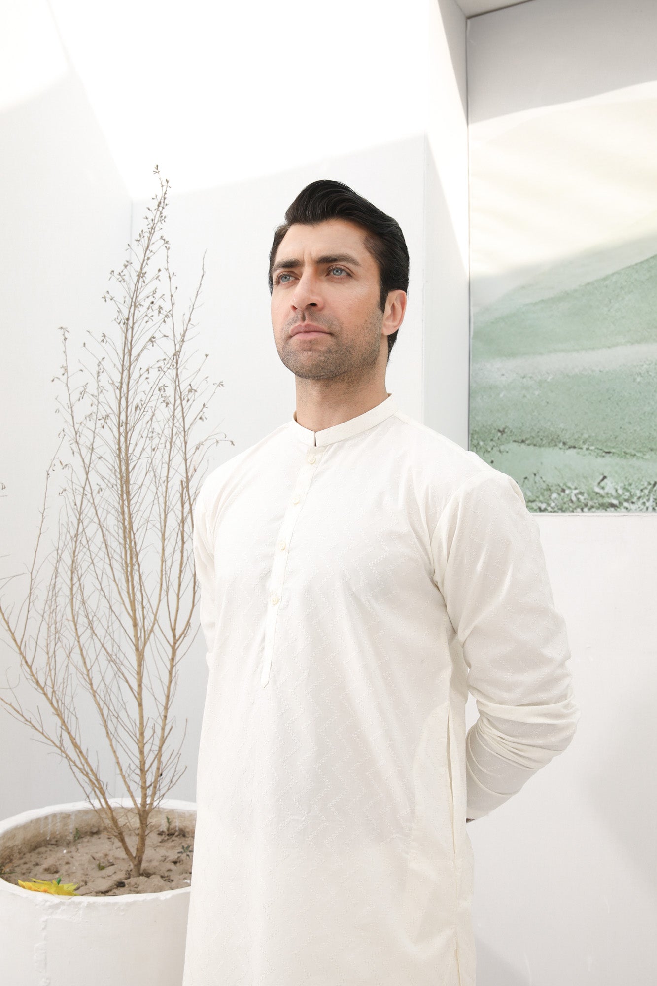 Off White Cotton Embroidered Kurta Trouser - Men