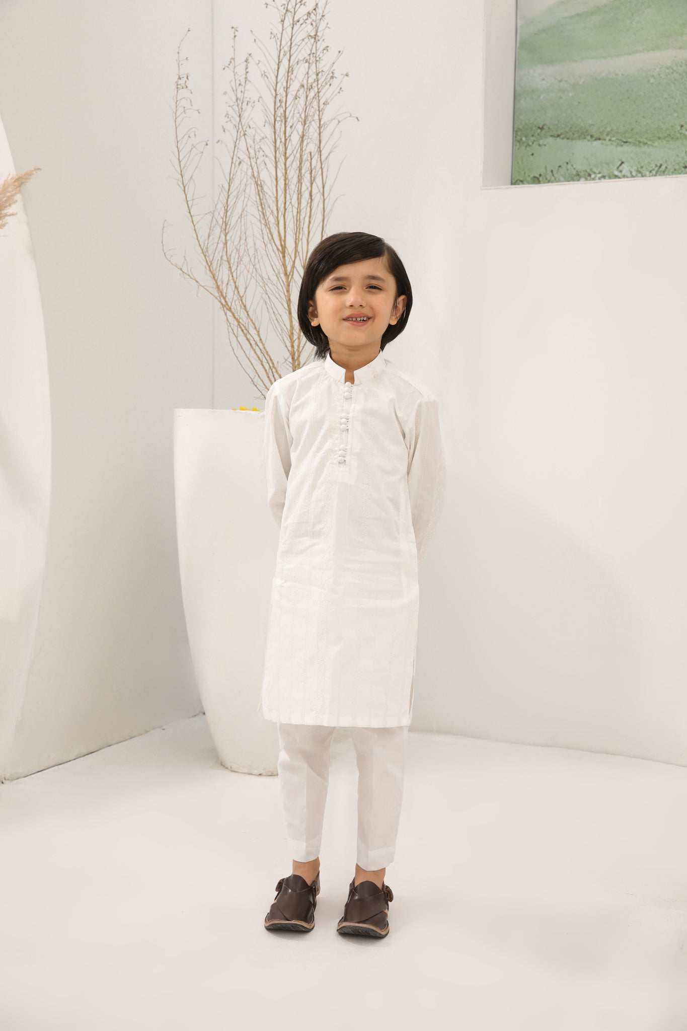 Off White Cotton Embroidered Kurta Trouser - Loop Buttons - Kids