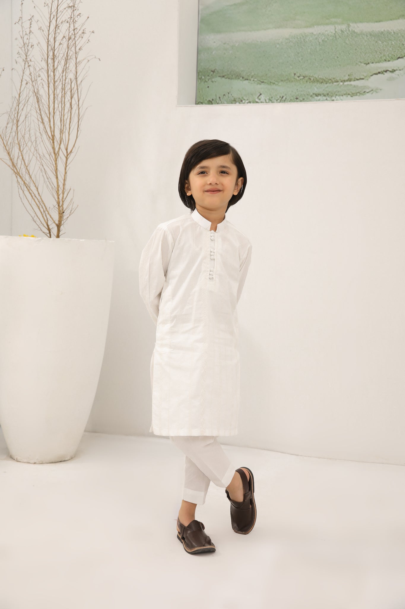 Off White Cotton Embroidered Kurta Trouser - Loop Buttons - Kids