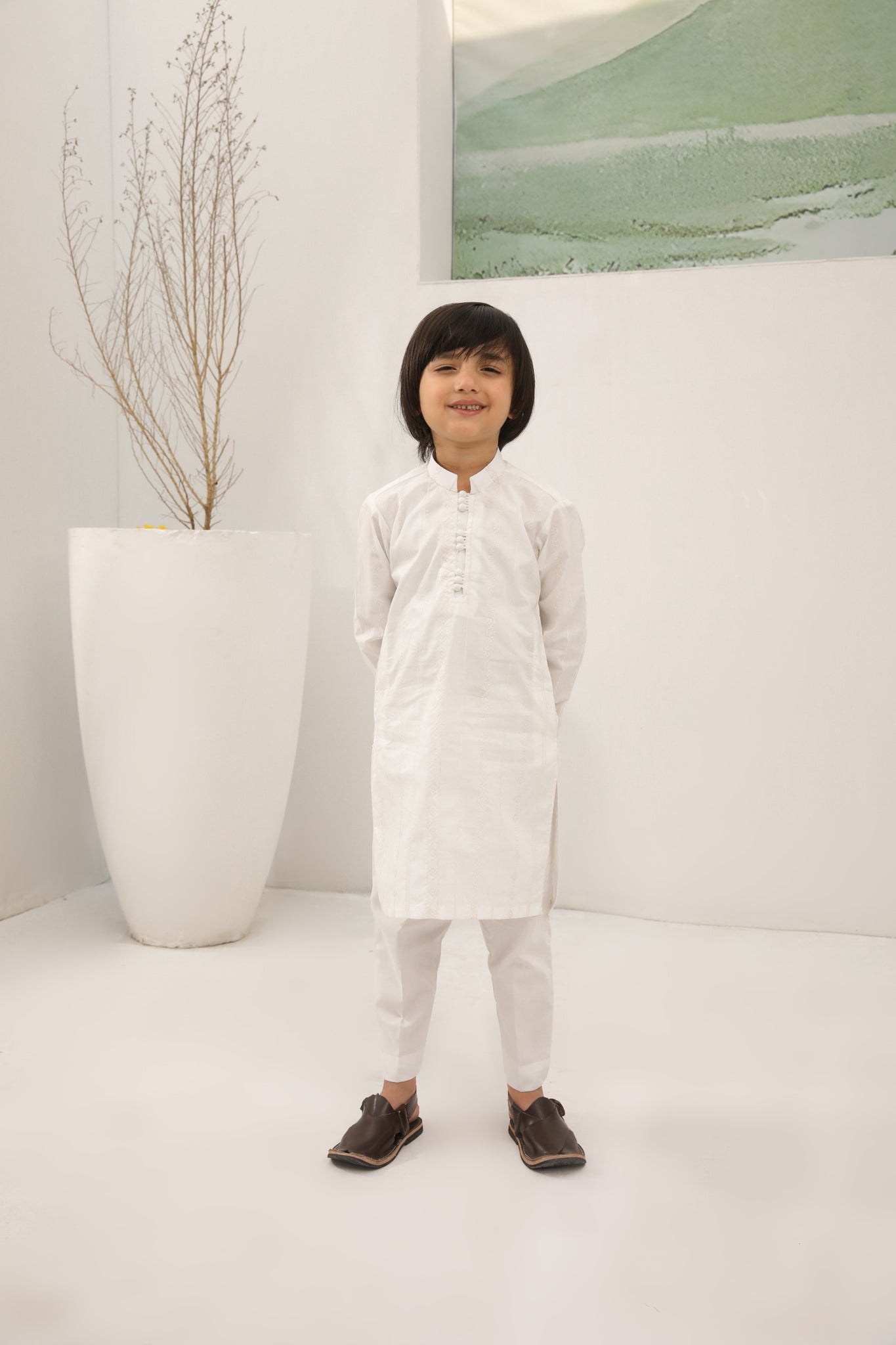 Off White Cotton Embroidered Kurta Trouser - Loop Buttons - Kids