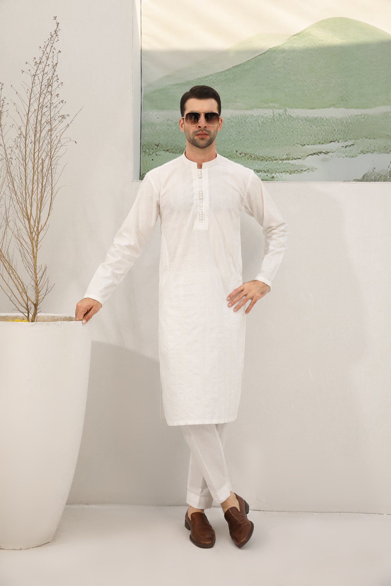 Off White Cotton Embroidered Kurta Trouser - Loop Buttons - Men