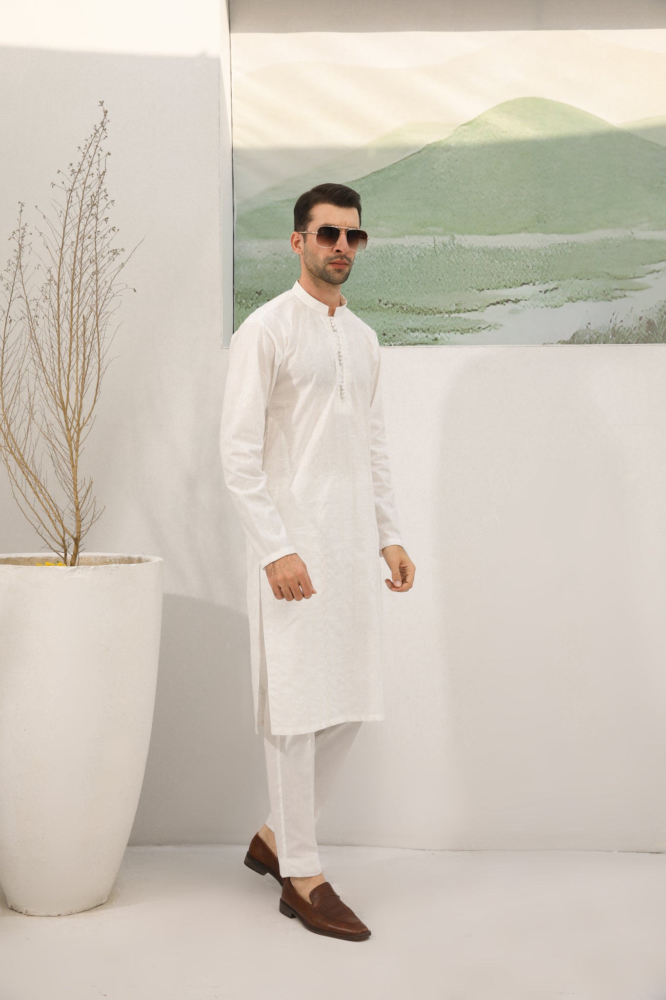 Off White Cotton Embroidered Kurta Trouser - Loop Buttons - Men
