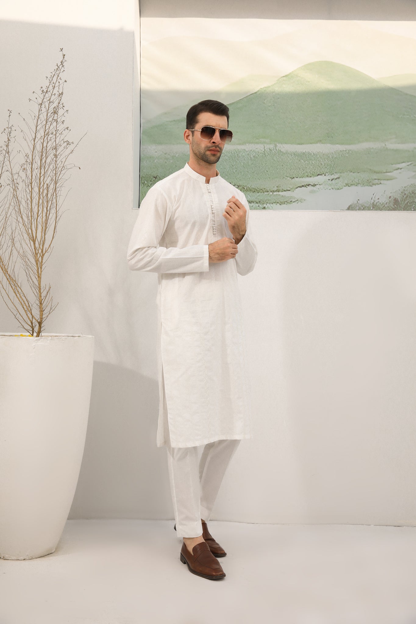 Off White Cotton Embroidered Kurta Trouser - Loop Buttons - Men