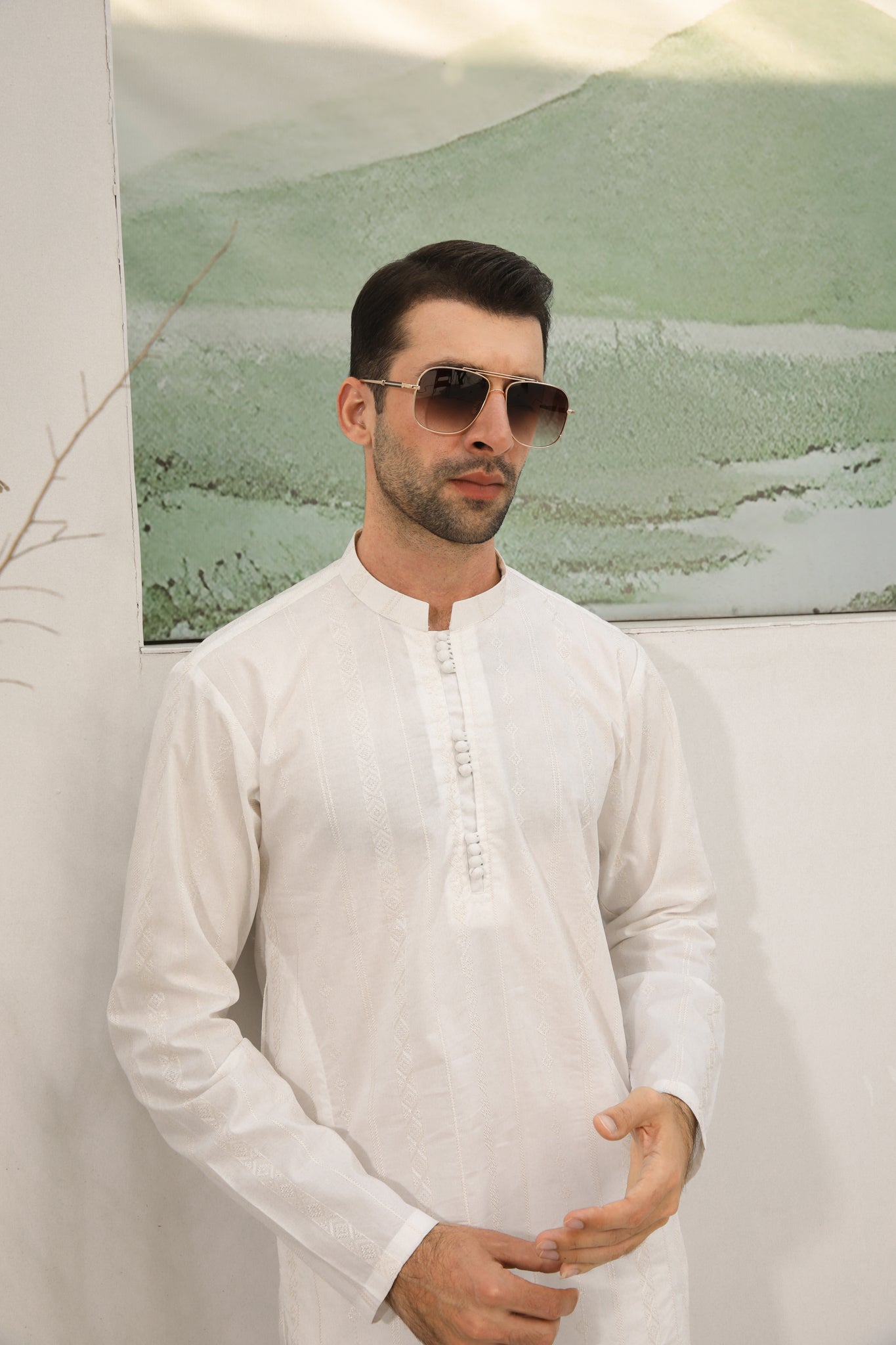 Off White Cotton Embroidered Kurta Trouser - Loop Buttons - Men