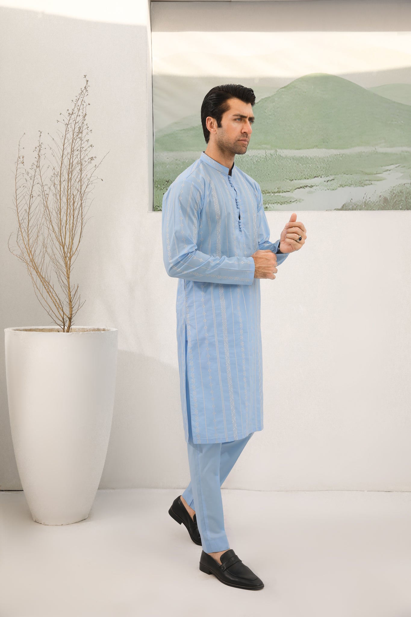 Sky Blue Cotton Embroidered Kurta Trouser - Men