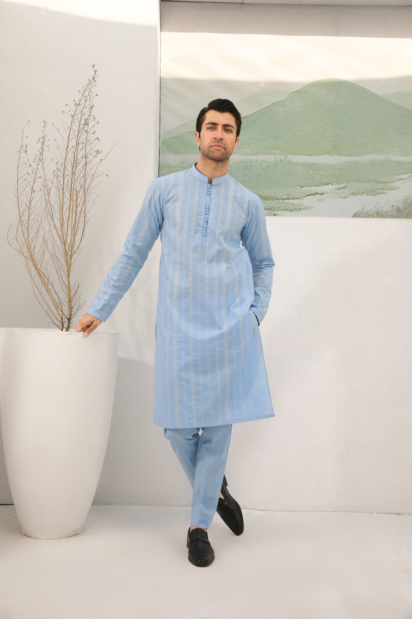 Sky Blue Cotton Embroidered Kurta Trouser - Men