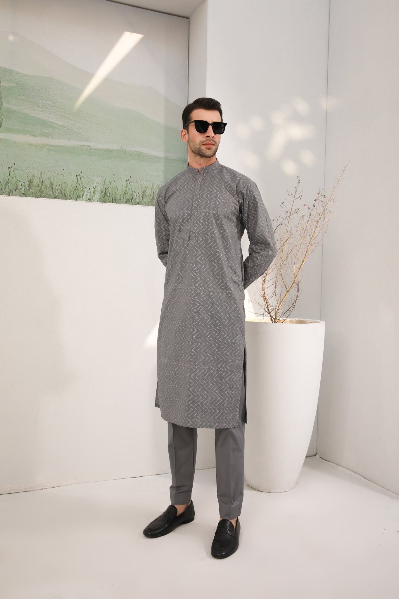 Light Grey Cotton Embroidered Kurta Trouser - Men