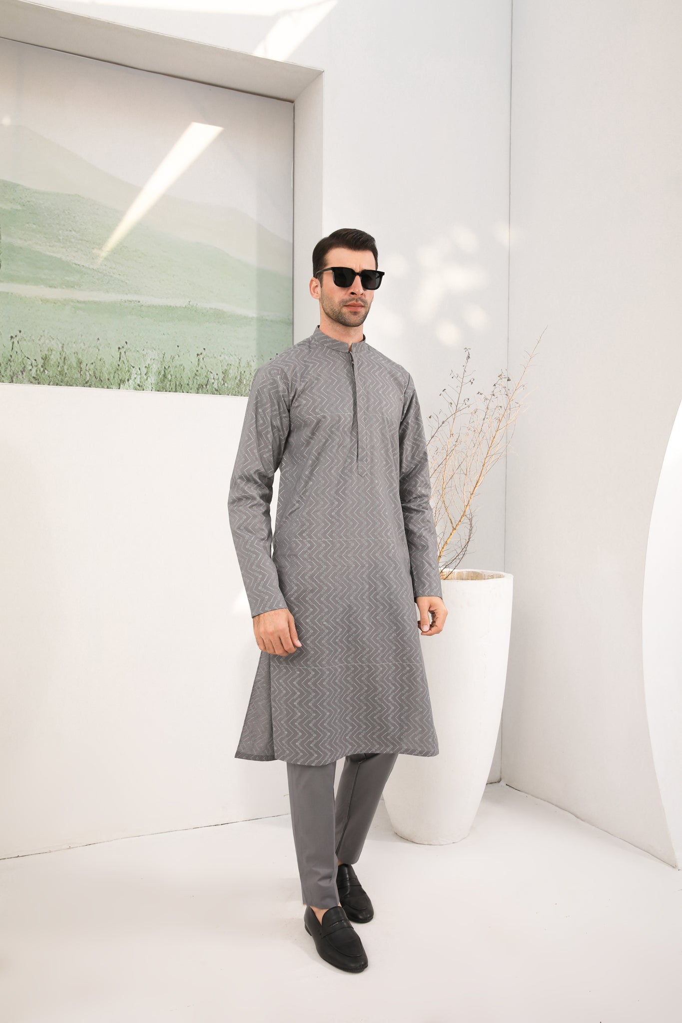 Light Grey Cotton Embroidered Kurta Trouser - Men