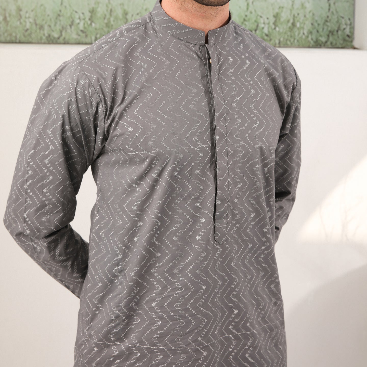 Light Grey Cotton Embroidered Kurta Trouser - Men