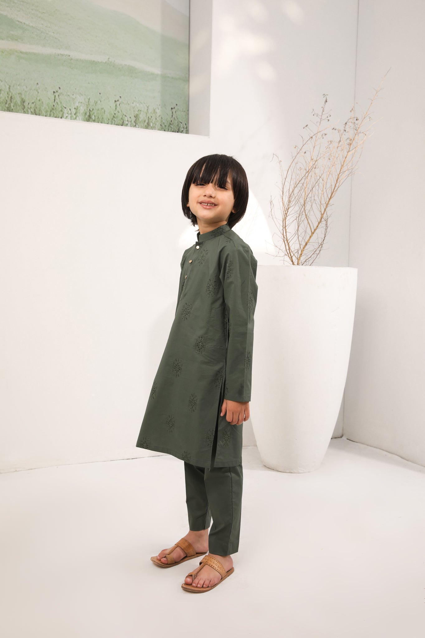 Army Green Cotton Embroidered Kurta Trouser - Kids