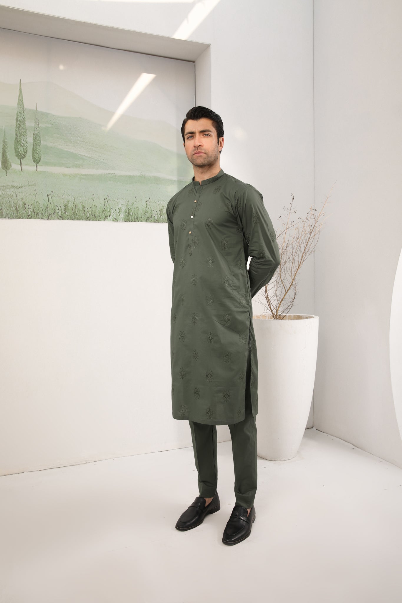Army Green Cotton Embroidered Kurta Trouser - Men