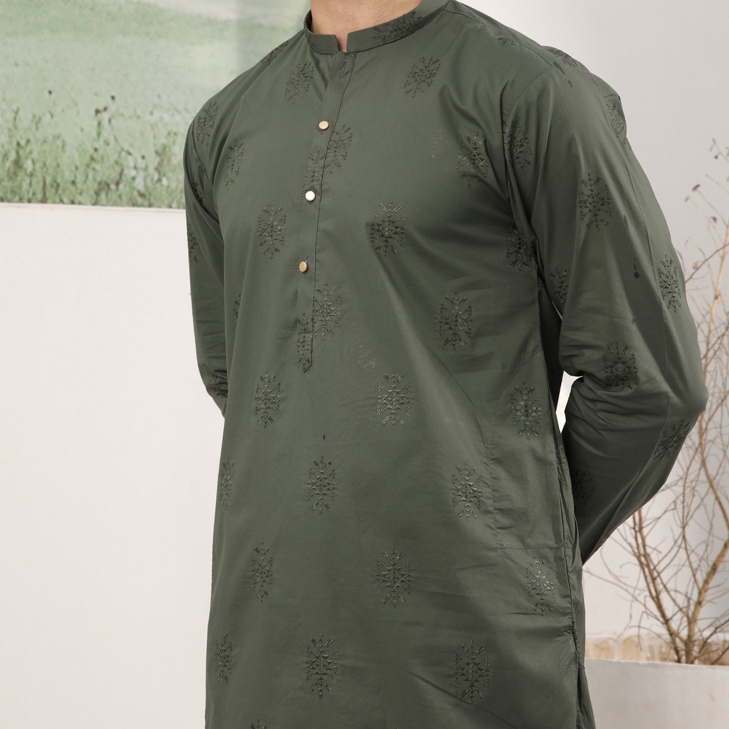 Army Green Cotton Embroidered Kurta Trouser - Men