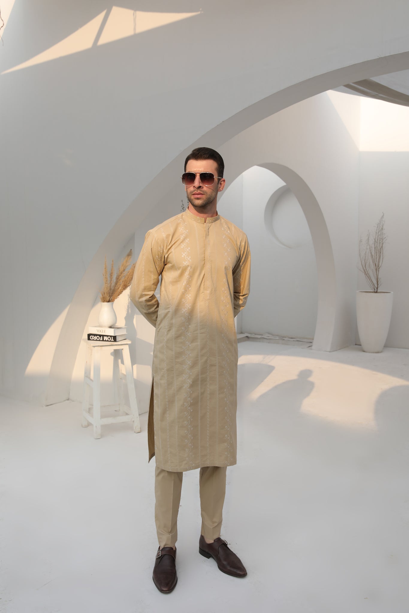 Ivory Skin Cotton Embroidered Kurta Trouser - Men