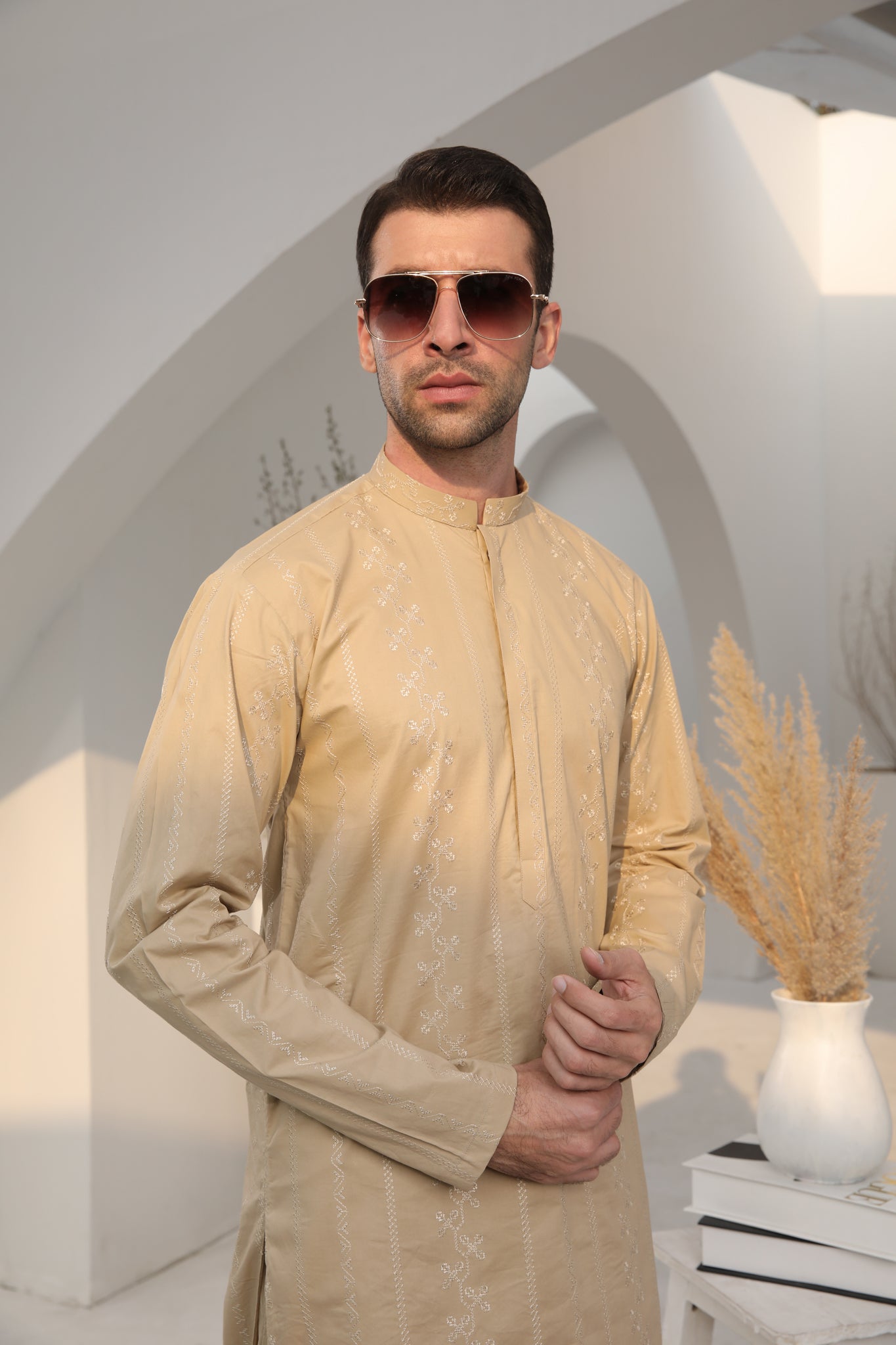 Ivory Skin Cotton Embroidered Kurta Trouser - Men