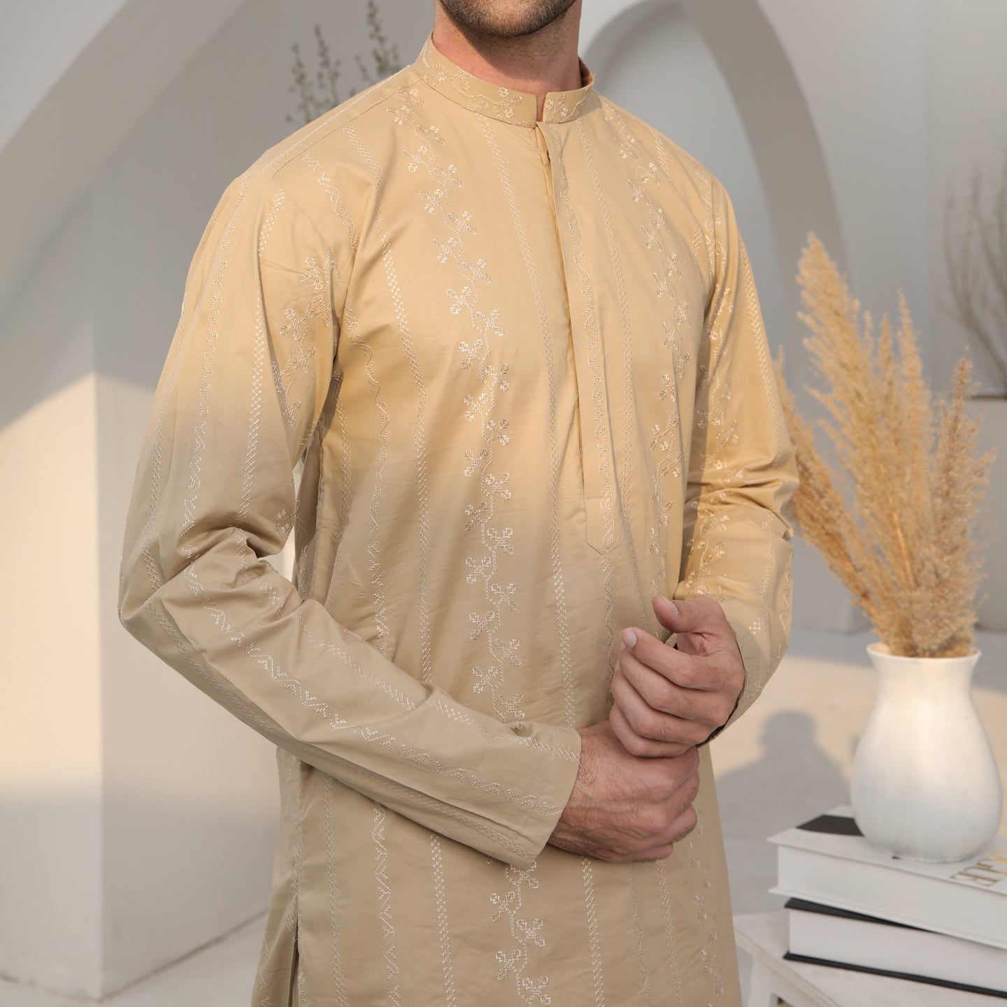 Ivory Skin Cotton Embroidered Kurta Trouser - Men