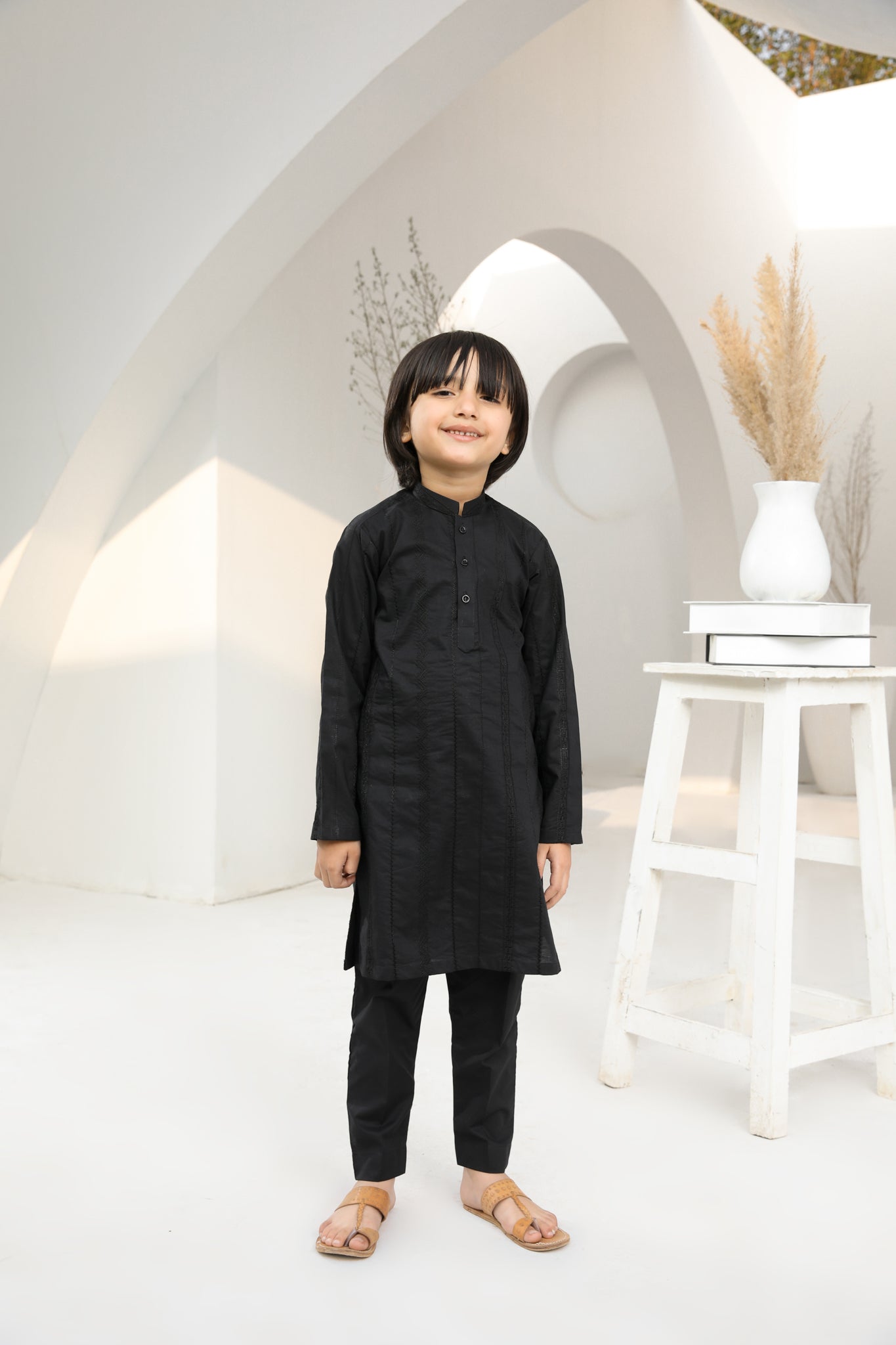 Black Falling Cotton Embroidered Kurta Trouser - Kids