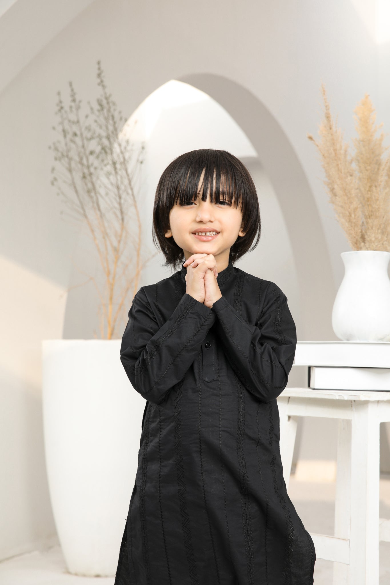 Black Falling Cotton Embroidered Kurta Trouser - Kids