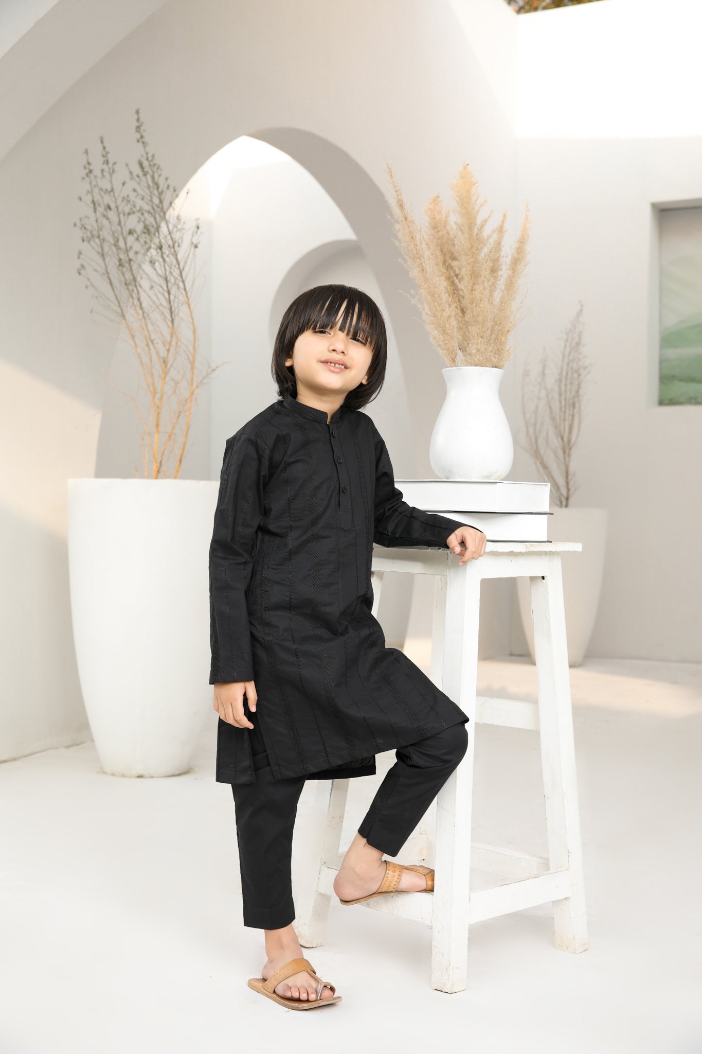 Black Falling Cotton Embroidered Kurta Trouser - Kids