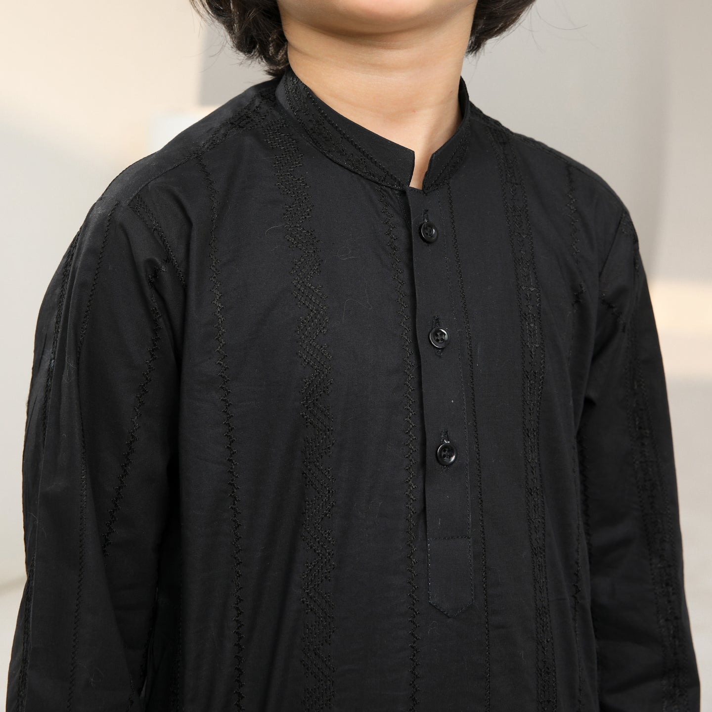 Black Falling Cotton Embroidered Kurta Trouser - Kids