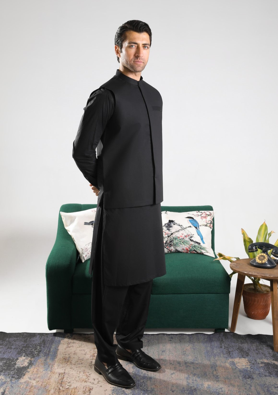 Black Soft Cotton Kurta Shalwar with Waistcoat - Men