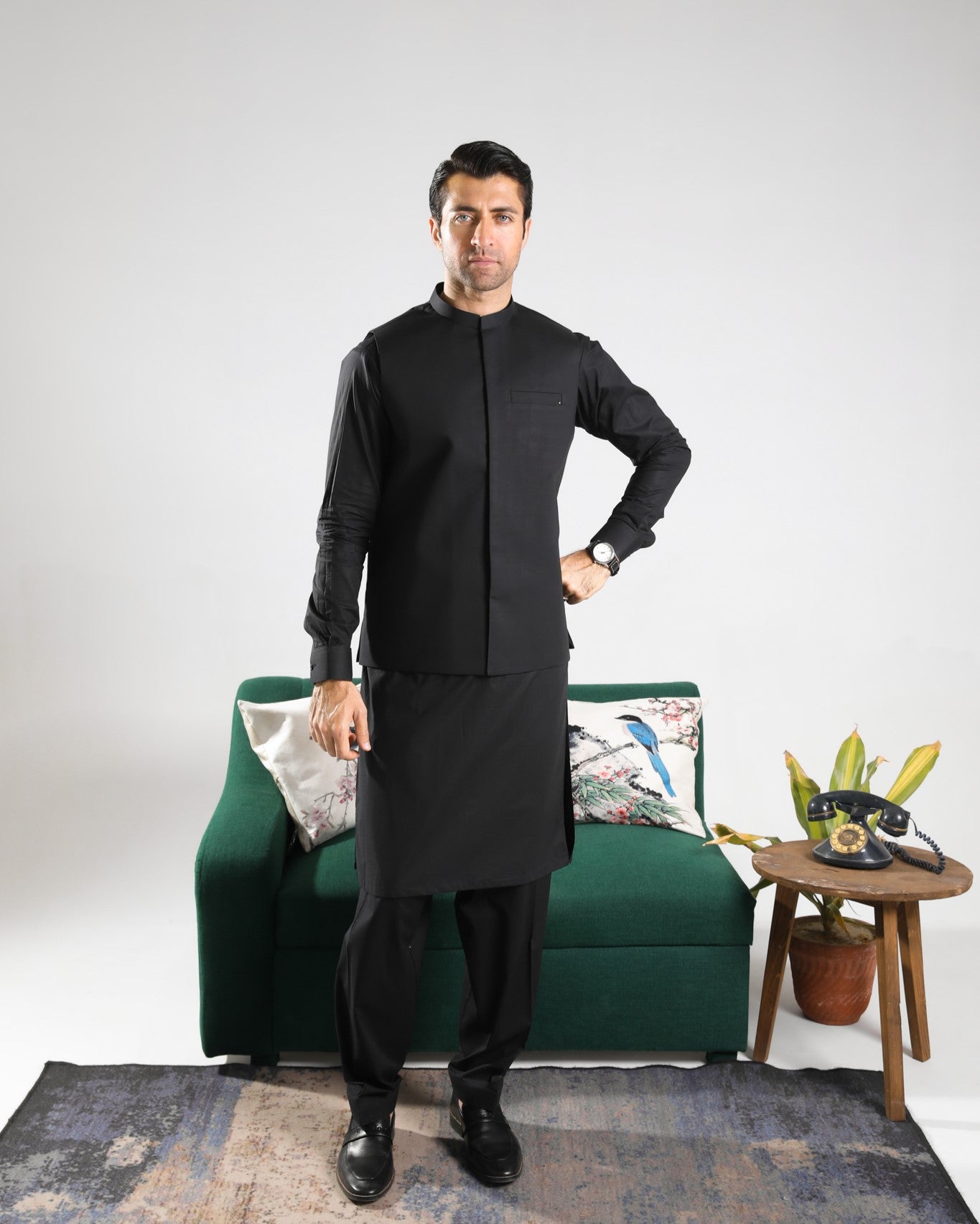 Black Soft Cotton Kurta Shalwar with Waistcoat - Men