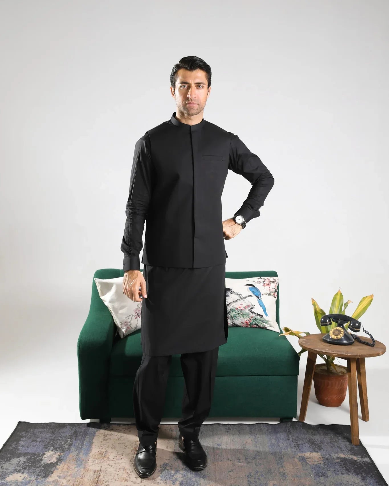 Black Soft Cotton Kurta Shalwar with Waistcoat - Men - Muraqsh -- Menswear