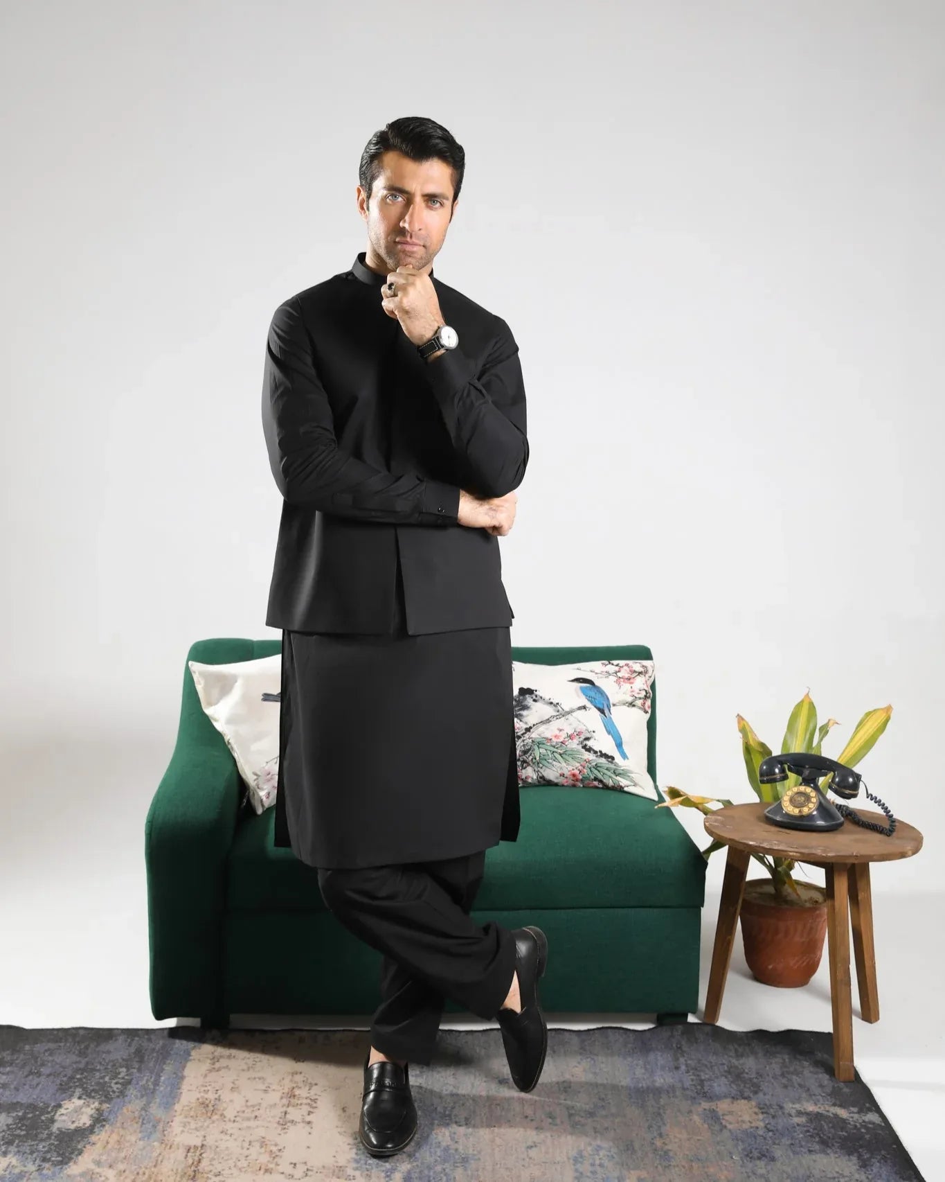 Black Soft Cotton Kurta Shalwar with Waistcoat - Men - Muraqsh -- Menswear