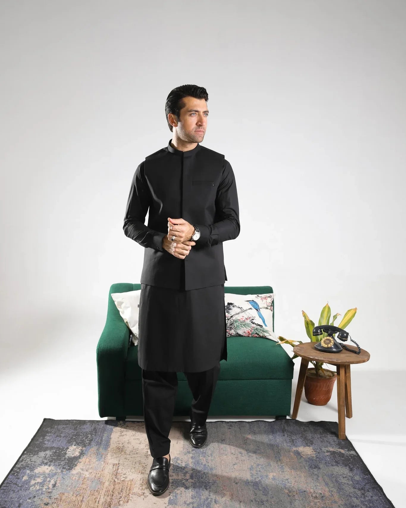 Black Soft Cotton Kurta Shalwar with Waistcoat - Men - Muraqsh -- Menswear