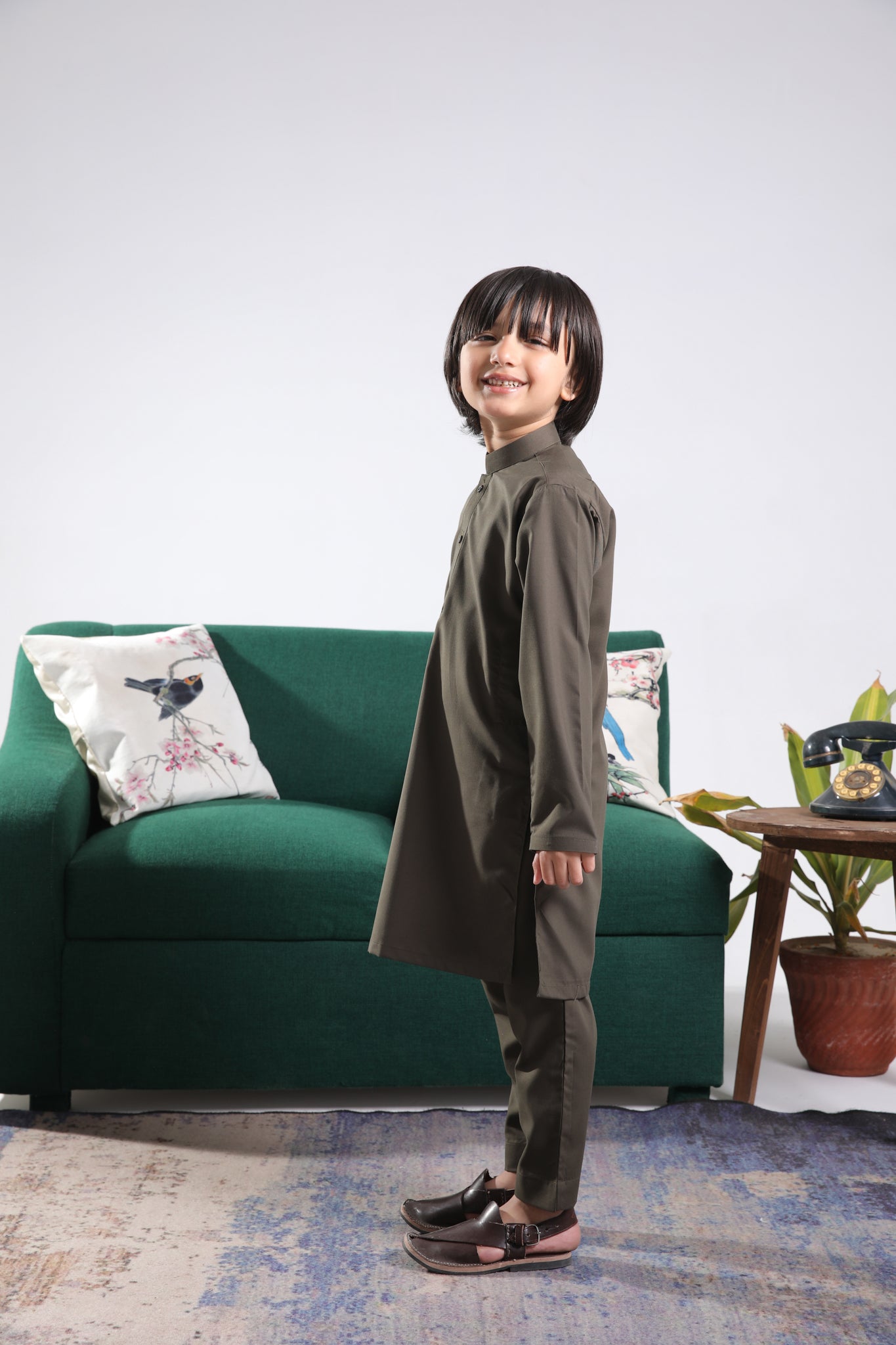 Olive Green Blended Kurta Trouser - Kids